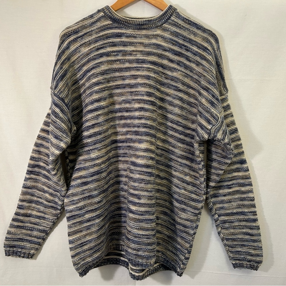 Cape Isle Knitters Striped Blue and Gray Crewneck Cotton Sweater Size Large